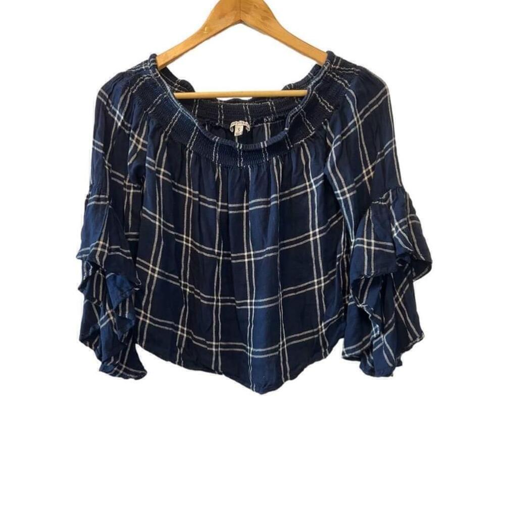 Blue & White Plaid Off the Shoulder Flowy Sleeve Top S